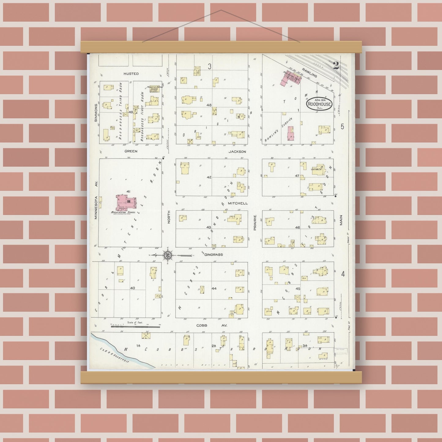 Old map wall art mockup — magnetic wood frame on brick wall — Sanborn Fire Insurance Map from Roodhouse, Greene County, Illinois (1914), Sheet #0002