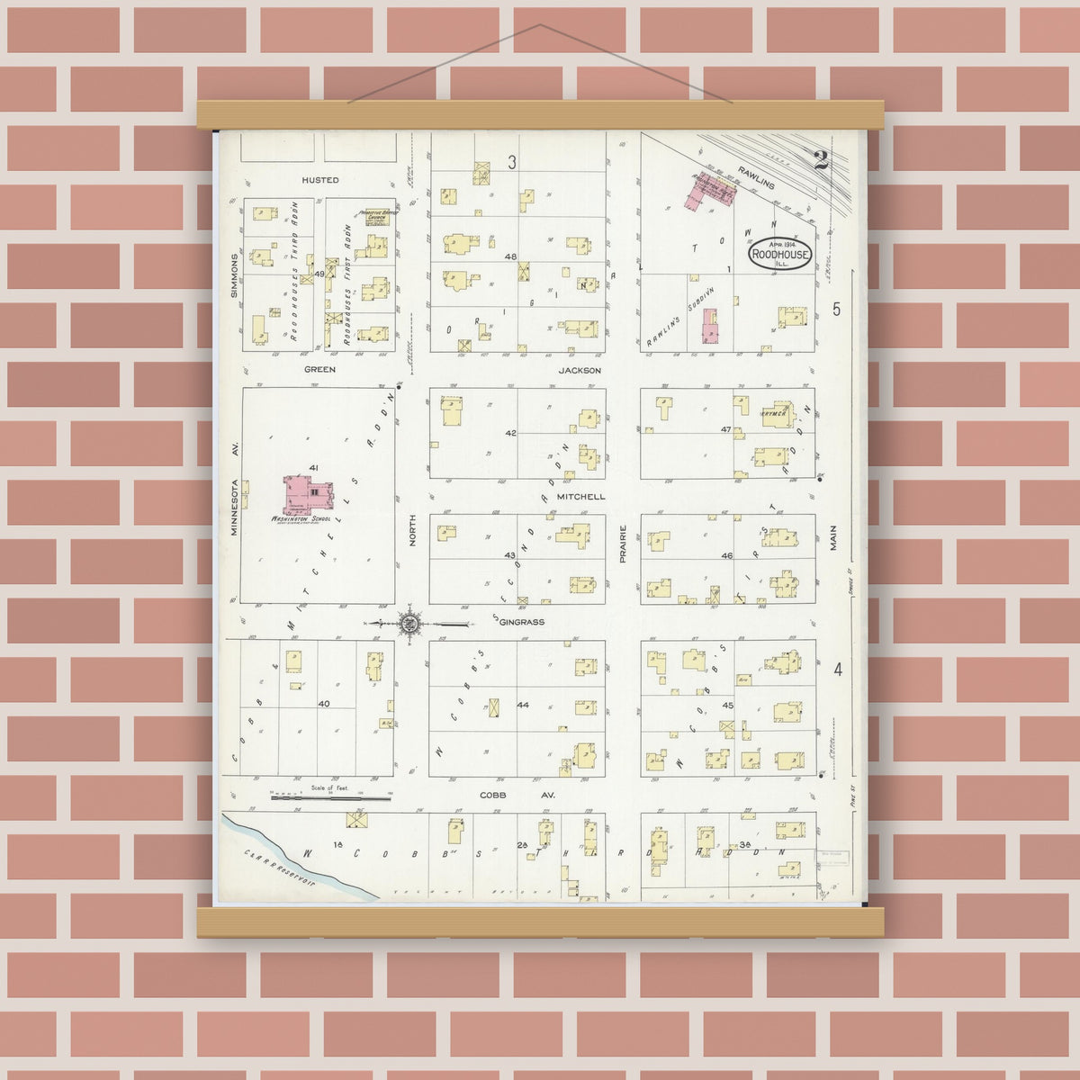 Old map wall art mockup — magnetic wood frame on brick wall — Sanborn Fire Insurance Map from Roodhouse, Greene County, Illinois (1914), Sheet #0002