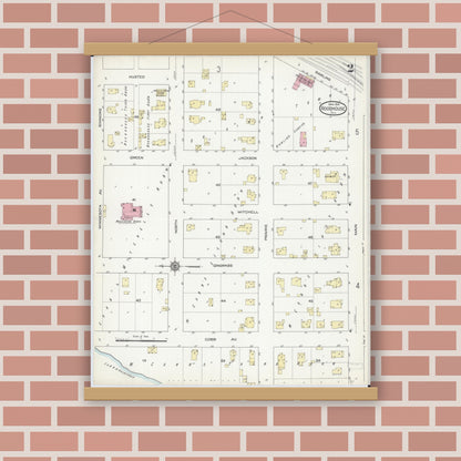 Old map wall art mockup — magnetic wood frame on brick wall — Sanborn Fire Insurance Map from Roodhouse, Greene County, Illinois (1914), Sheet #0002