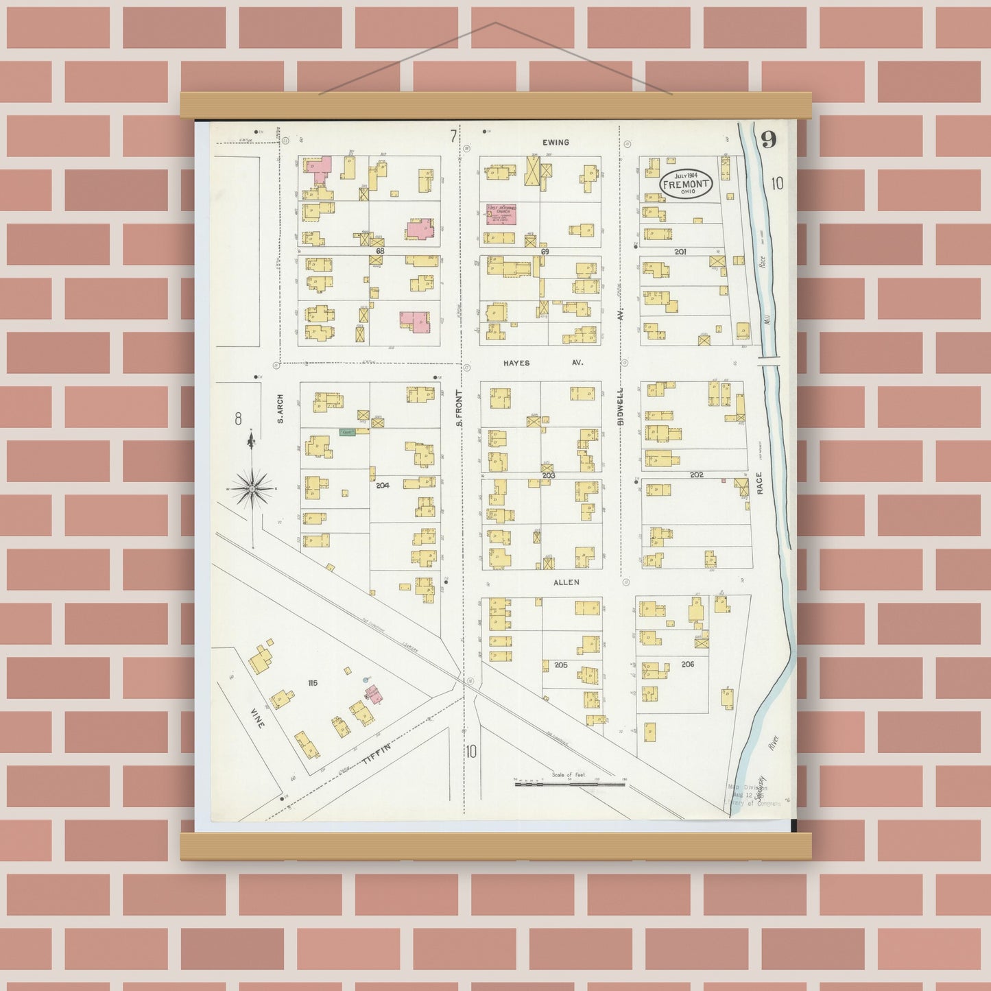 Old map wall art mockup — magnetic wood frame on brick wall — Sanborn Fire Insurance Map from Fremont, Sandusky County, Ohio (1904), Sheet #0009