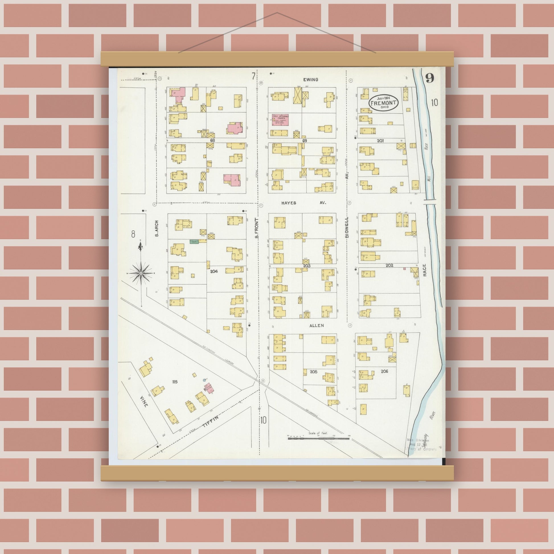 Old map wall art mockup — magnetic wood frame on brick wall — Sanborn Fire Insurance Map from Fremont, Sandusky County, Ohio (1904), Sheet #0009