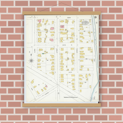 Old map wall art mockup — magnetic wood frame on brick wall — Sanborn Fire Insurance Map from Fremont, Sandusky County, Ohio (1904), Sheet #0009