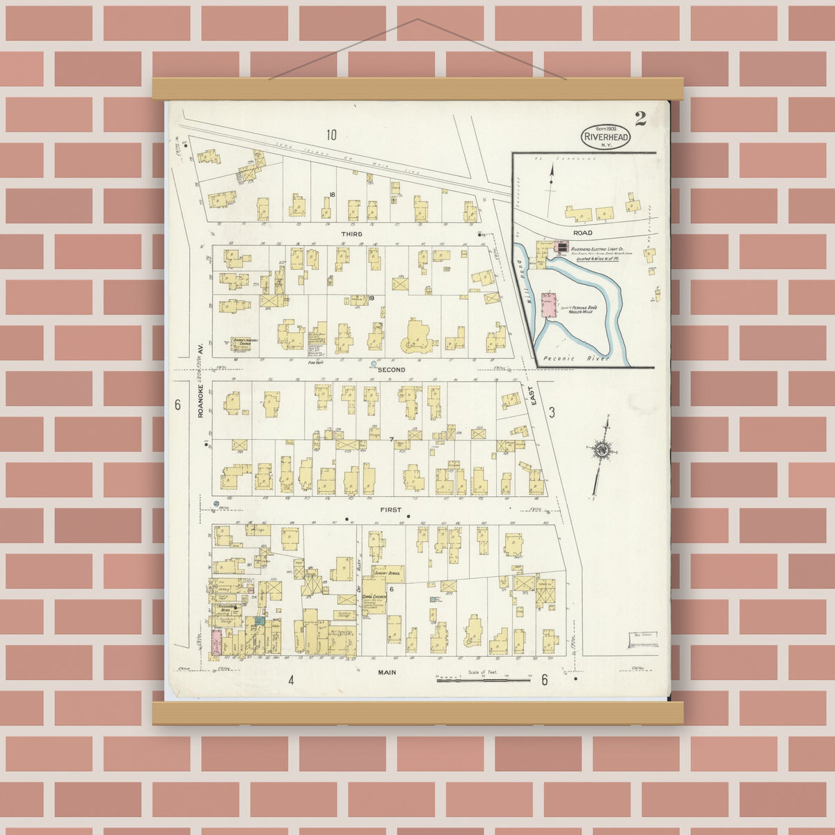 Old map wall art mockup — magnetic wood frame on brick wall — Sanborn Fire Insurance Map from Riverhead, Suffolk County, New York (1909), Sheet #0002