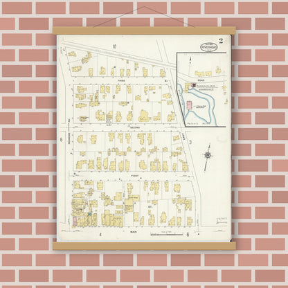 Old map wall art mockup — magnetic wood frame on brick wall — Sanborn Fire Insurance Map from Riverhead, Suffolk County, New York (1909), Sheet #0002