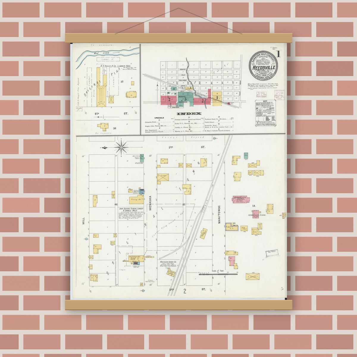 Old map wall art mockup — magnetic wood frame on brick wall — Sanborn Fire Insurance Map from Reedsville, Manitowoc County, Wisconsin (1906), Sheet #0001