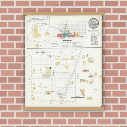 Old map wall art mockup — magnetic wood frame on brick wall — Sanborn Fire Insurance Map from Reedsville, Manitowoc County, Wisconsin (1906), Sheet #0001