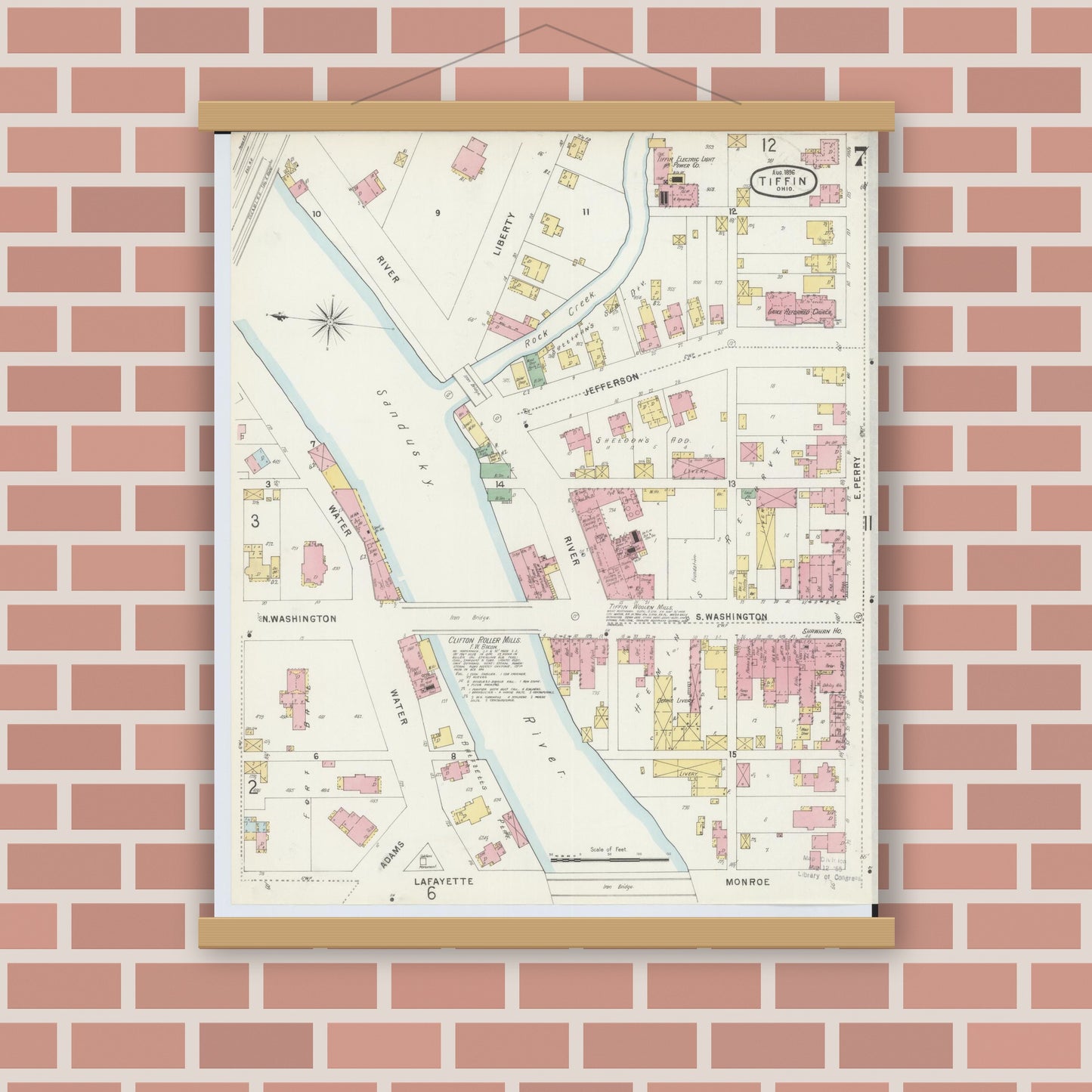 Old map wall art mockup — magnetic wood frame on brick wall — Sanborn Fire Insurance Map from Tiffin, Seneca County, Ohio (1896), Sheet #0007