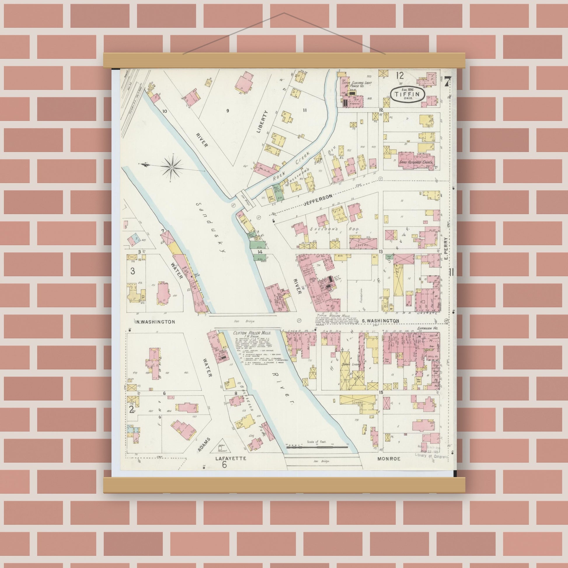 Old map wall art mockup — magnetic wood frame on brick wall — Sanborn Fire Insurance Map from Tiffin, Seneca County, Ohio (1896), Sheet #0007