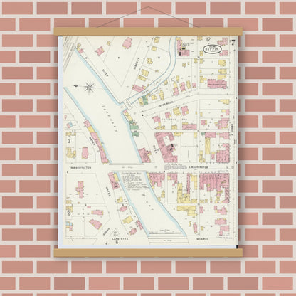 Old map wall art mockup — magnetic wood frame on brick wall — Sanborn Fire Insurance Map from Tiffin, Seneca County, Ohio (1896), Sheet #0007