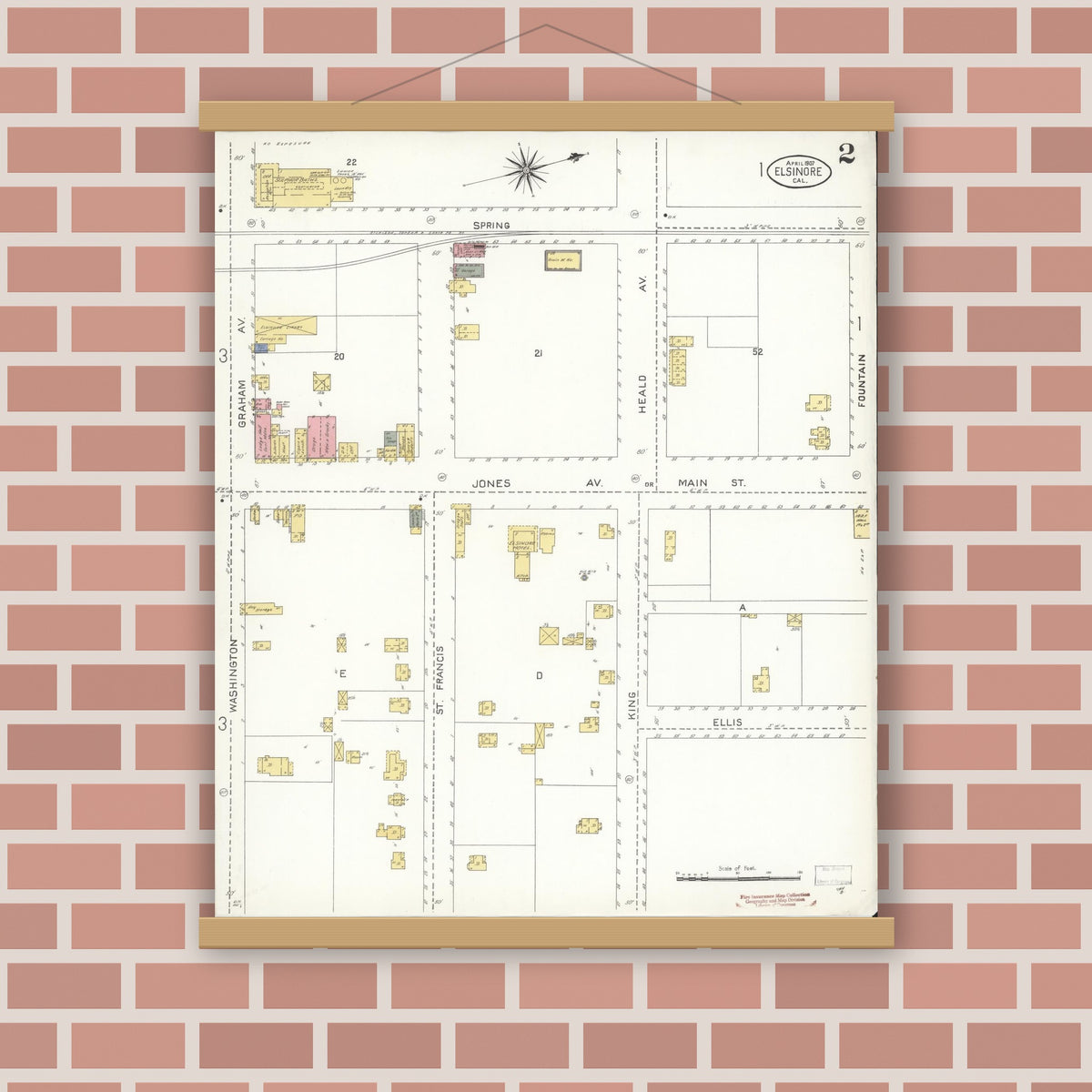 Old map wall art mockup — magnetic wood frame on brick wall — Sanborn Fire Insurance Map from Elsinore, Riverside County, California (1907), Sheet #0002