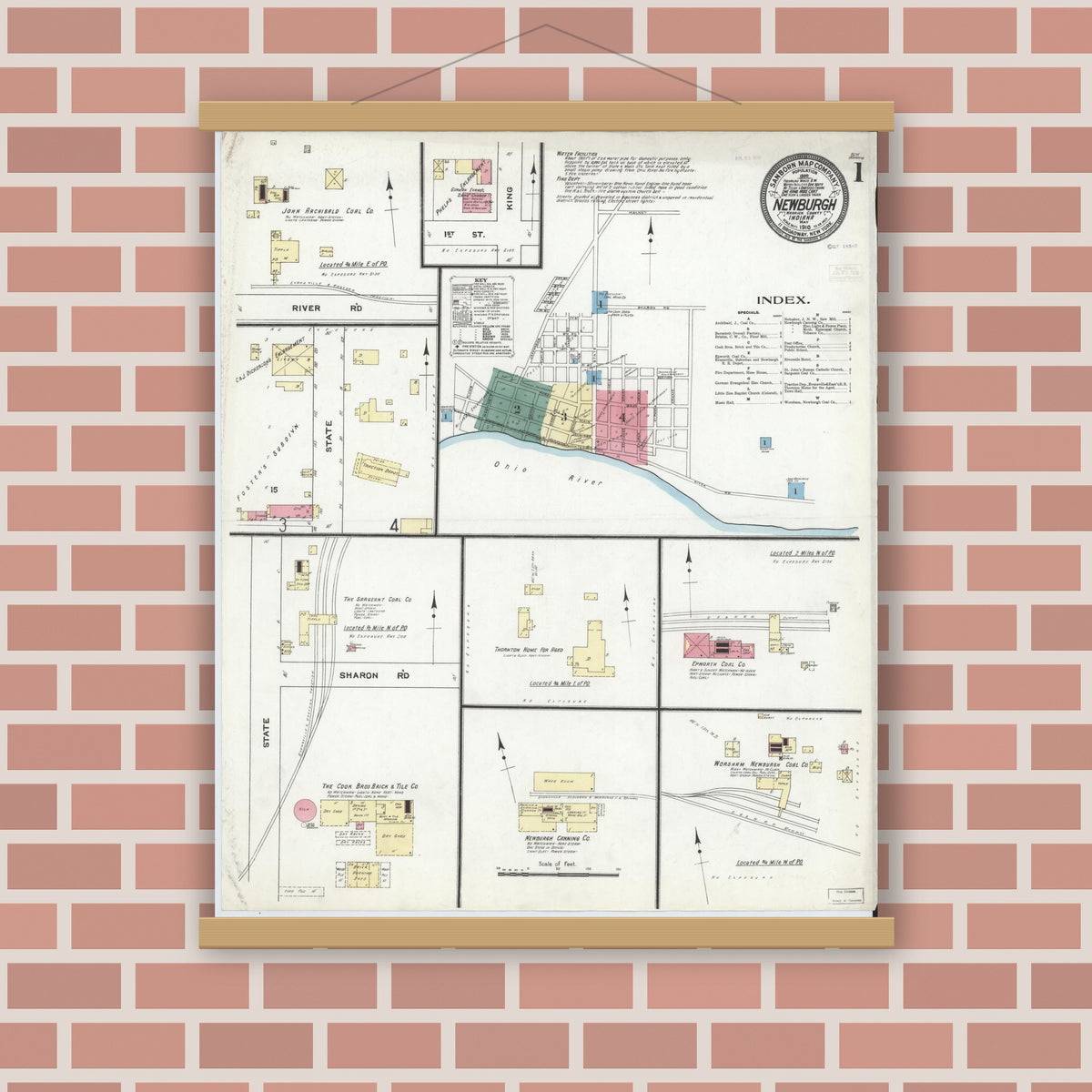 Old map wall art mockup — magnetic wood frame on brick wall — Sanborn Fire Insurance Map from Newburgh, Warrick County, Indiana (1910), Sheet #0001