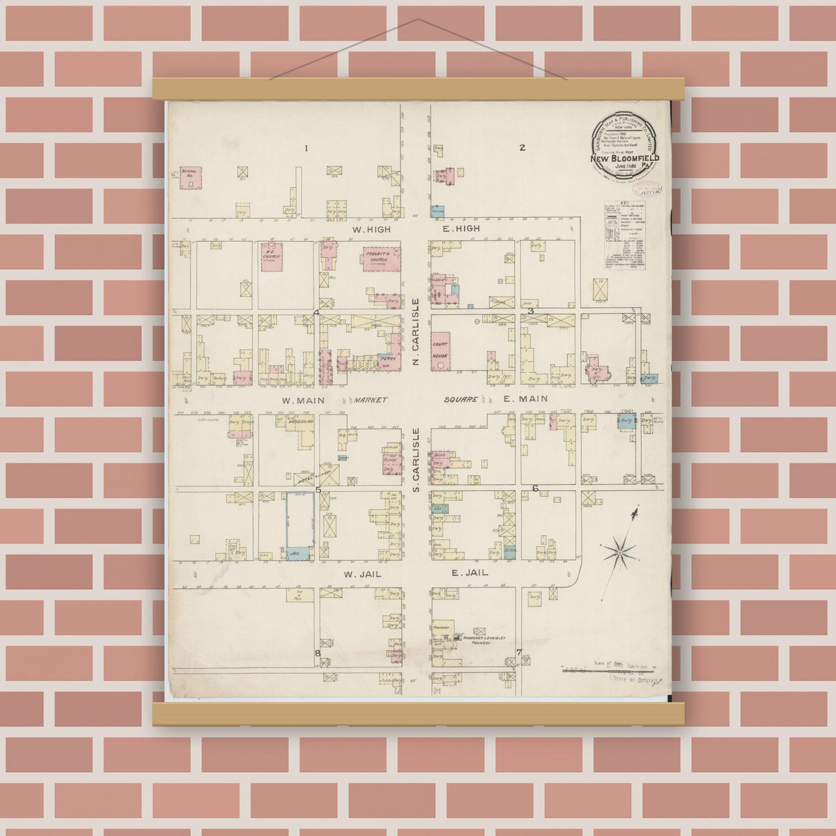 Old map wall art mockup — magnetic wood frame on brick wall — Sanborn Fire Insurance Map from New Bloomfield, Perry County, Pennsylvania (1886), Sheet #0001