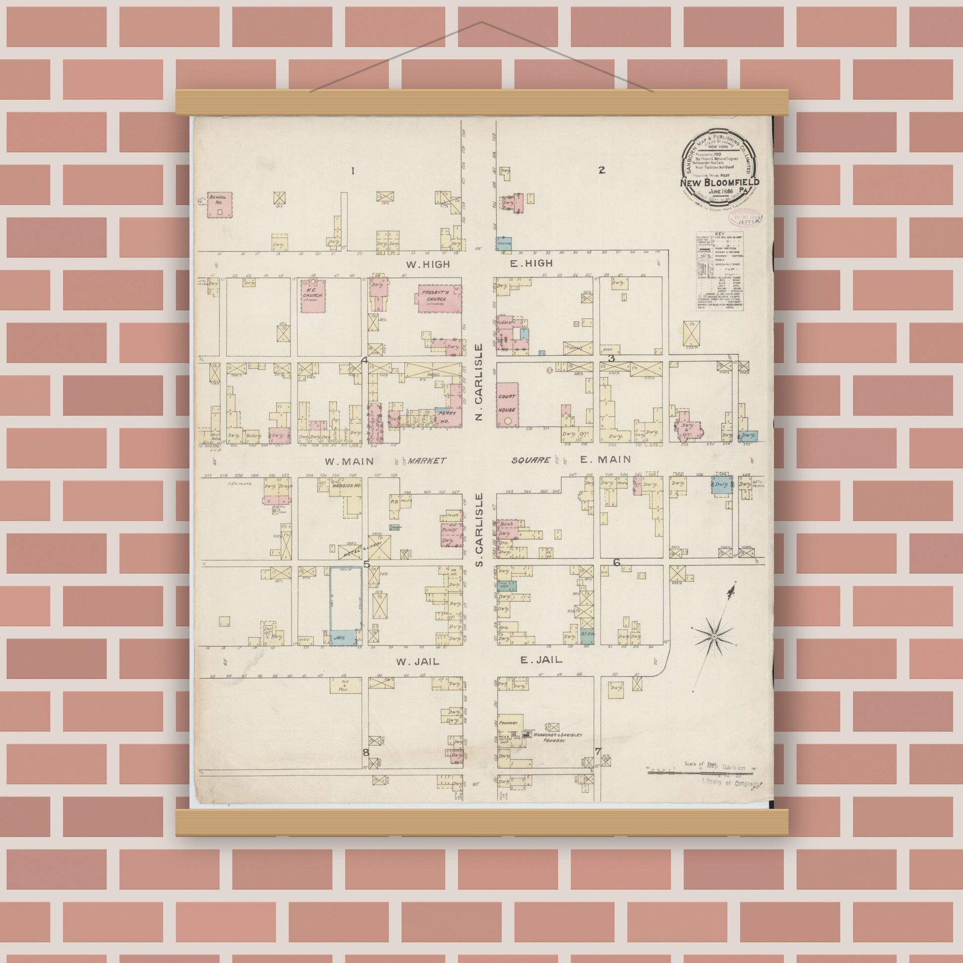 Old map wall art mockup — magnetic wood frame on brick wall — Sanborn Fire Insurance Map from New Bloomfield, Perry County, Pennsylvania (1886), Sheet #0001