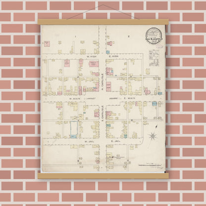 Old map wall art mockup — magnetic wood frame on brick wall — Sanborn Fire Insurance Map from New Bloomfield, Perry County, Pennsylvania (1886), Sheet #0001