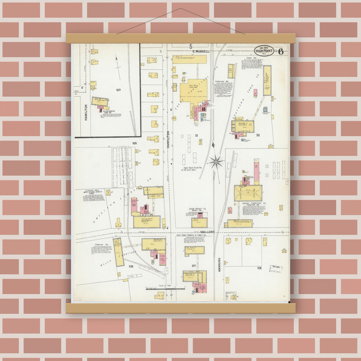 Old map wall art mockup — magnetic wood frame on brick wall — Sanborn Fire Insurance Map from High Point, Guilford County, North Carolina (1902), Sheet #0006
