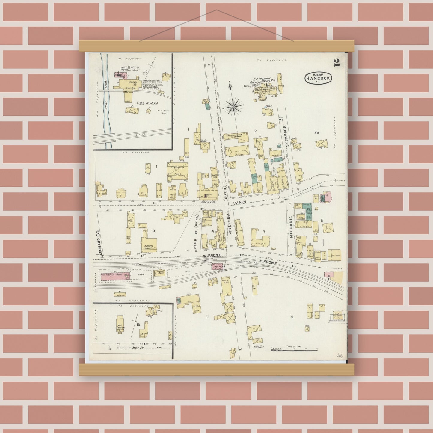 Old map wall art mockup — magnetic wood frame on brick wall — Sanborn Fire Insurance Map from Hancock, Delaware County, New York (1897), Sheet #0002