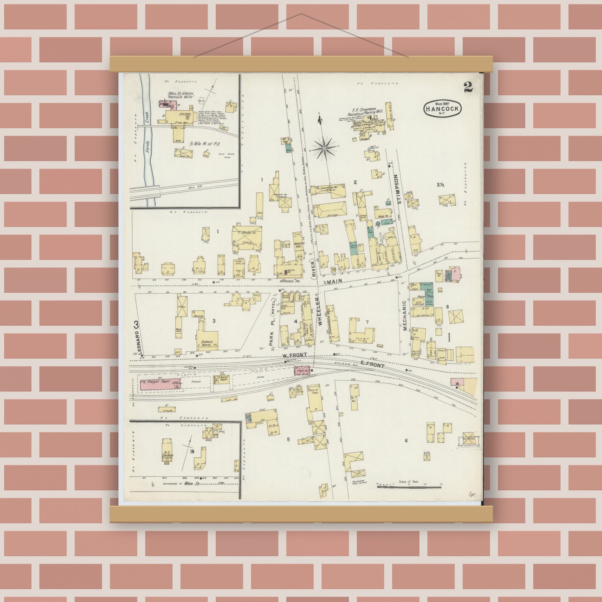 Old map wall art mockup — magnetic wood frame on brick wall — Sanborn Fire Insurance Map from Hancock, Delaware County, New York (1897), Sheet #0002