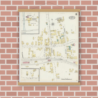 Old map wall art mockup — magnetic wood frame on brick wall — Sanborn Fire Insurance Map from Hancock, Delaware County, New York (1897), Sheet #0002