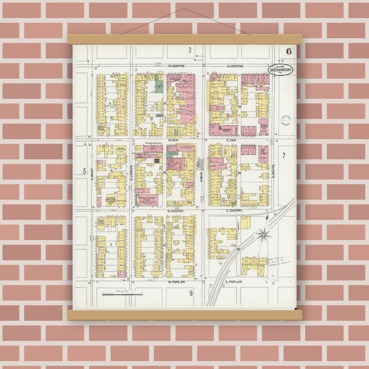 Old map wall art mockup — magnetic wood frame on brick wall — Sanborn Fire Insurance Map from Shenandoah, Schuylkill County, Pennsylvania (1902), Sheet #0006