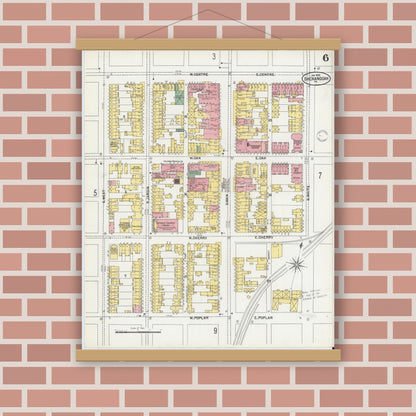 Old map wall art mockup — magnetic wood frame on brick wall — Sanborn Fire Insurance Map from Shenandoah, Schuylkill County, Pennsylvania (1902), Sheet #0006