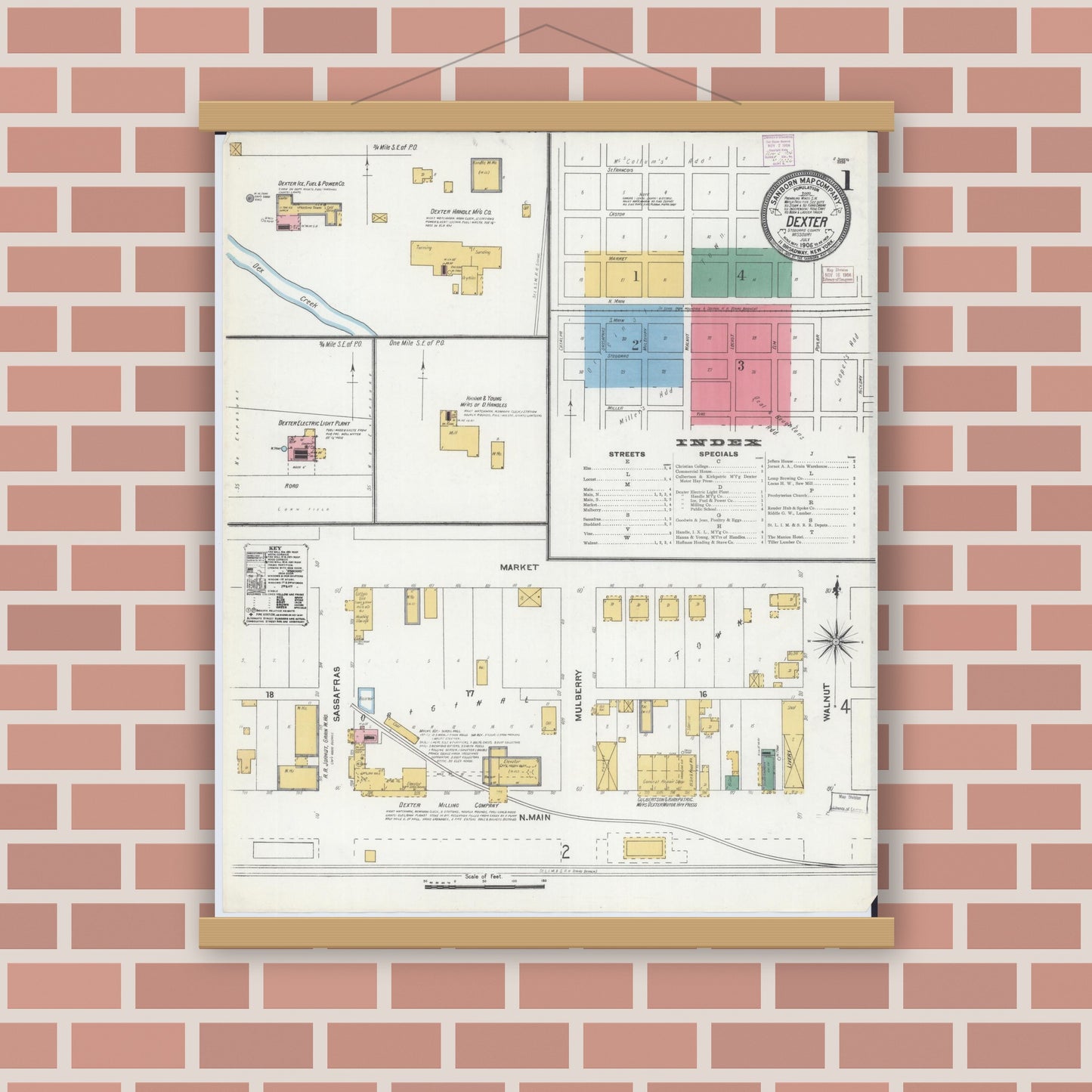 Old map wall art mockup — magnetic wood frame on brick wall — Sanborn Fire Insurance Map from Dexter, Stoddard County, Missouri (1906) - Complete Map Set