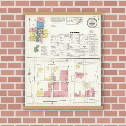 Old map wall art mockup — magnetic wood frame on brick wall — Sanborn Fire Insurance Map from Shelby, Cleveland County, North Carolina (1916) - Complete Map Set