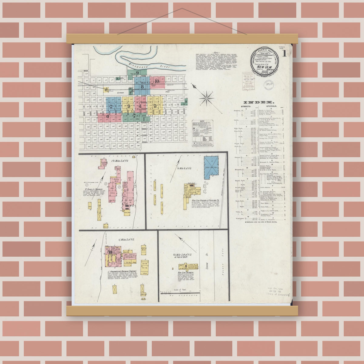 Old map wall art mockup — magnetic wood frame on brick wall — Sanborn Fire Insurance Map from New Ulm, Brown County, Minnesota (1899) - Complete Map Set