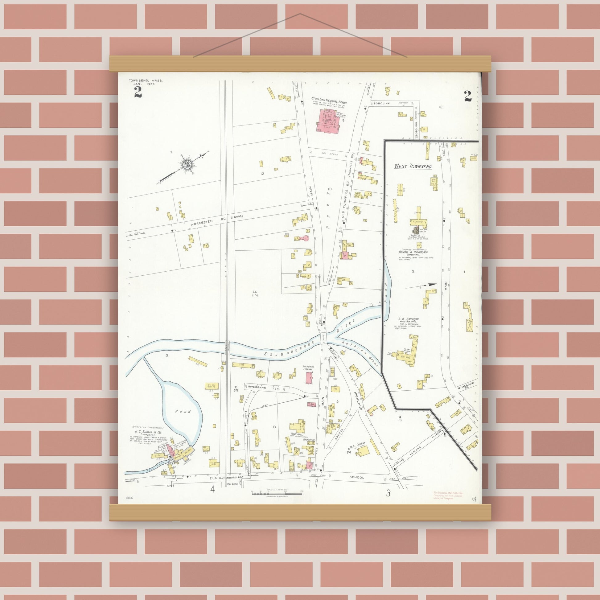 Old map wall art mockup — magnetic wood frame on brick wall — Sanborn Fire Insurance Map from Townsend, Middlesex County, Massachusetts (1936), Sheet #0002