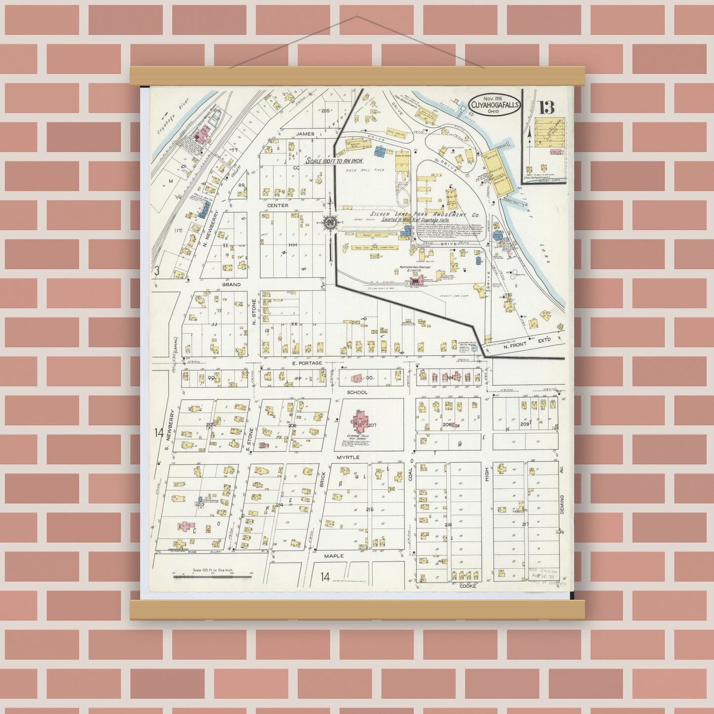 Old map wall art mockup — magnetic wood frame on brick wall — Sanborn Fire Insurance Map from Cuyahoga Falls, Summit County, Ohio (1916), Sheet #0013