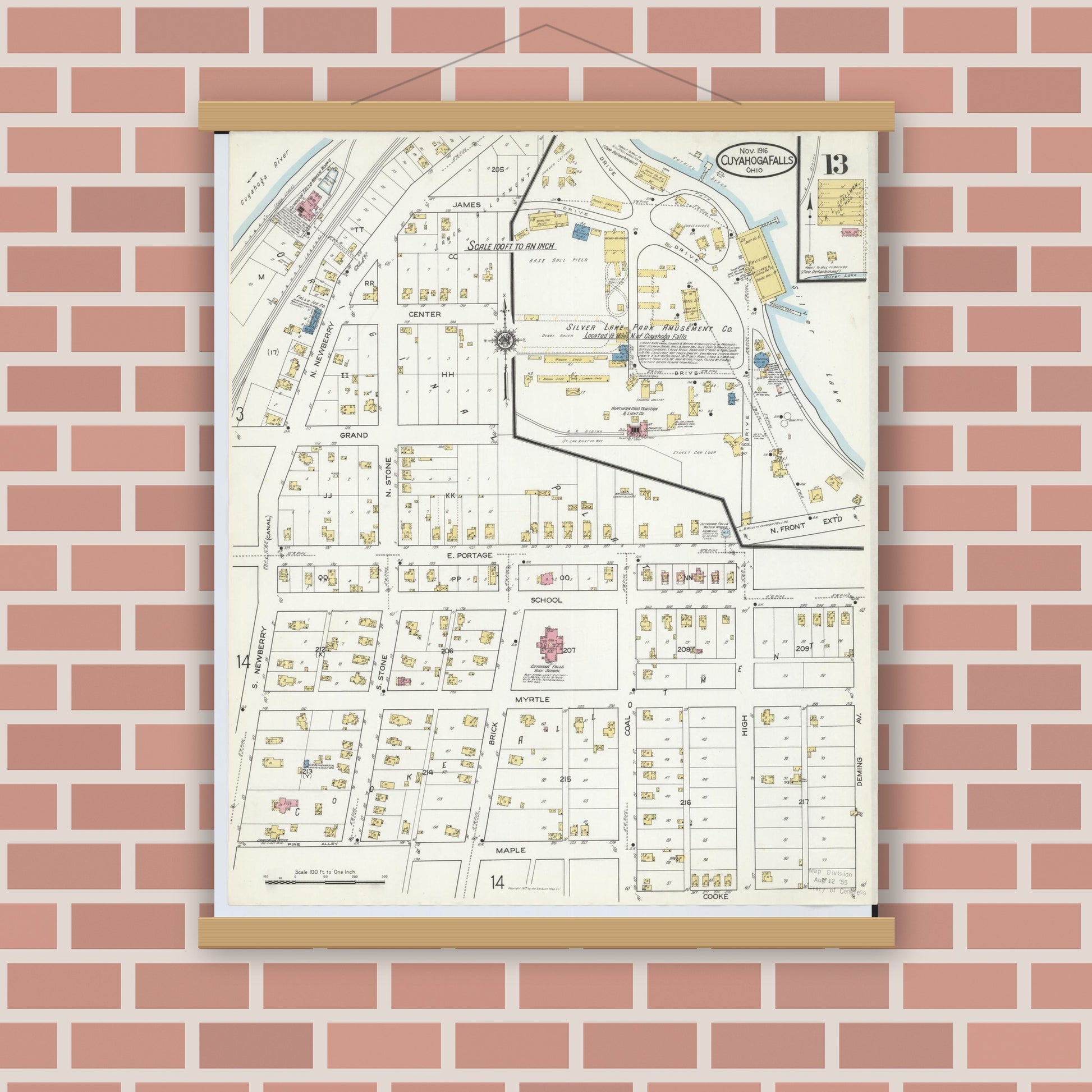 Old map wall art mockup — magnetic wood frame on brick wall — Sanborn Fire Insurance Map from Cuyahoga Falls, Summit County, Ohio (1916), Sheet #0013