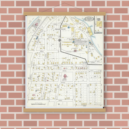 Old map wall art mockup — magnetic wood frame on brick wall — Sanborn Fire Insurance Map from Cuyahoga Falls, Summit County, Ohio (1916), Sheet #0013
