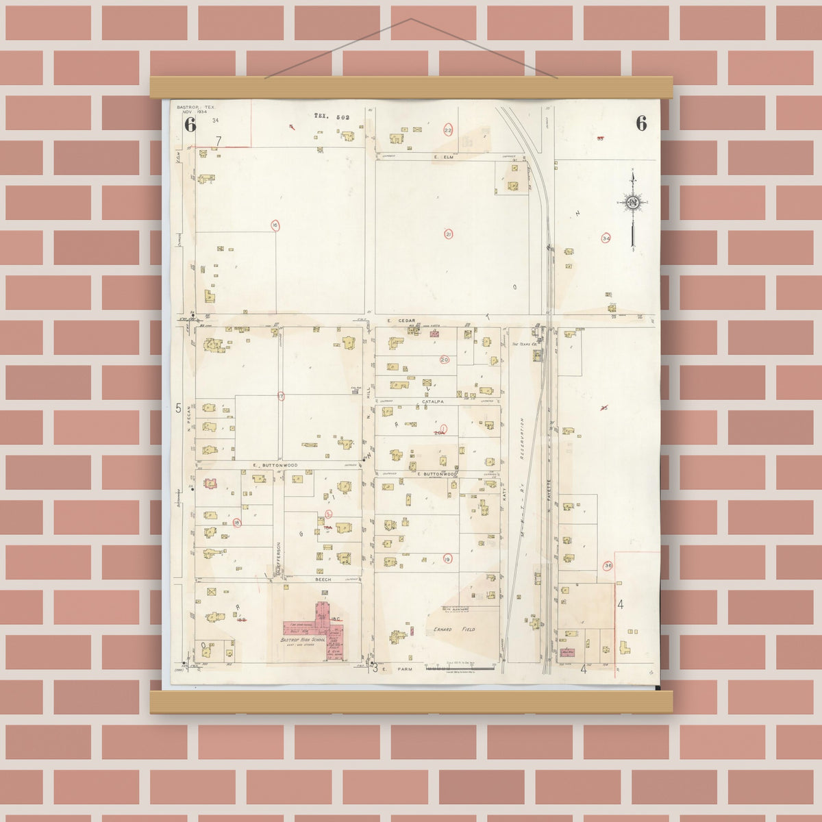 Old map wall art mockup — magnetic wood frame on brick wall — Sanborn Fire Insurance Map from Bastrop, Bastrop County, Texas (1944), Sheet #0006