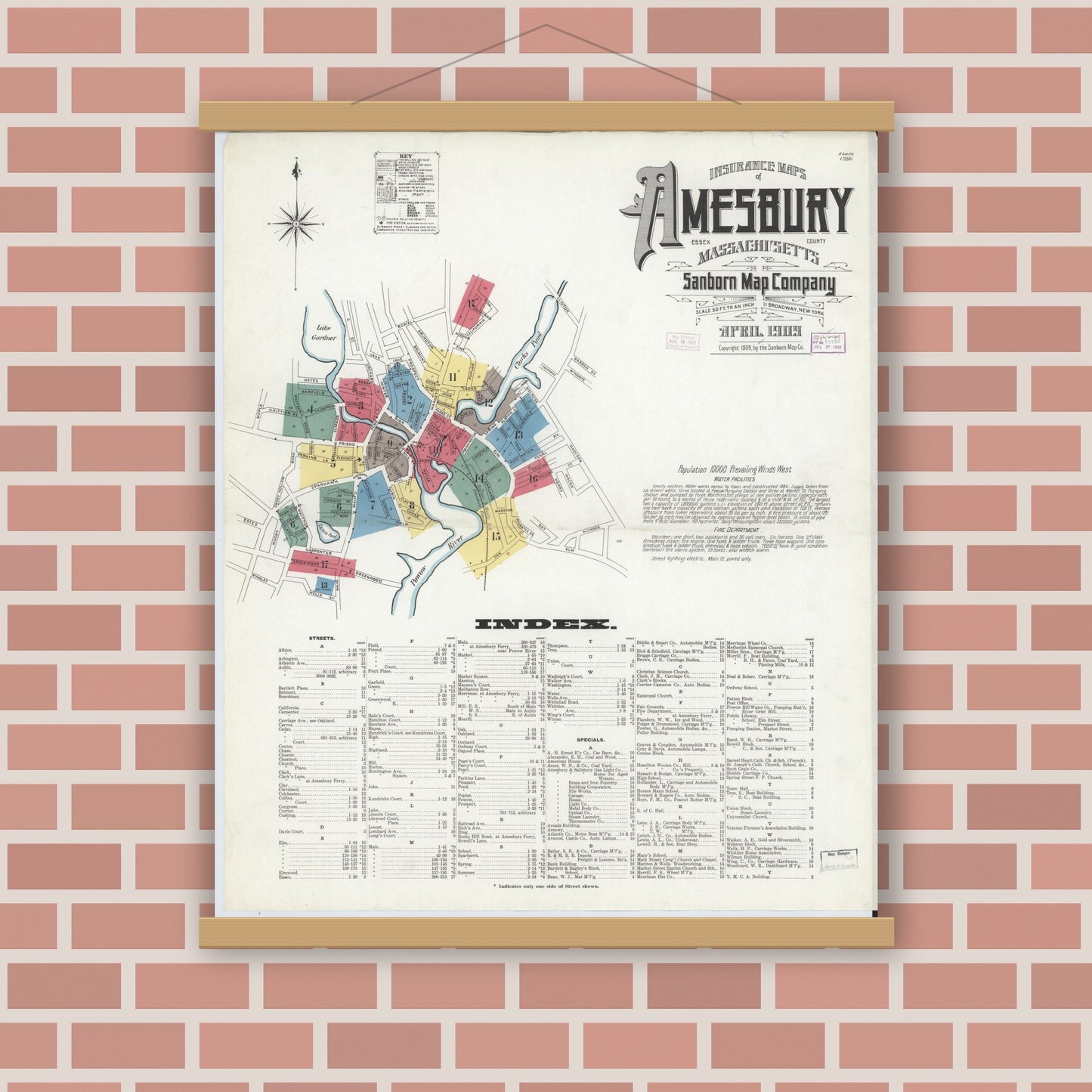 Old map wall art mockup — magnetic wood frame on brick wall — Sanborn Fire Insurance Map from Amesbury, Essex County, Massachusetts (1909), Sheet #0001