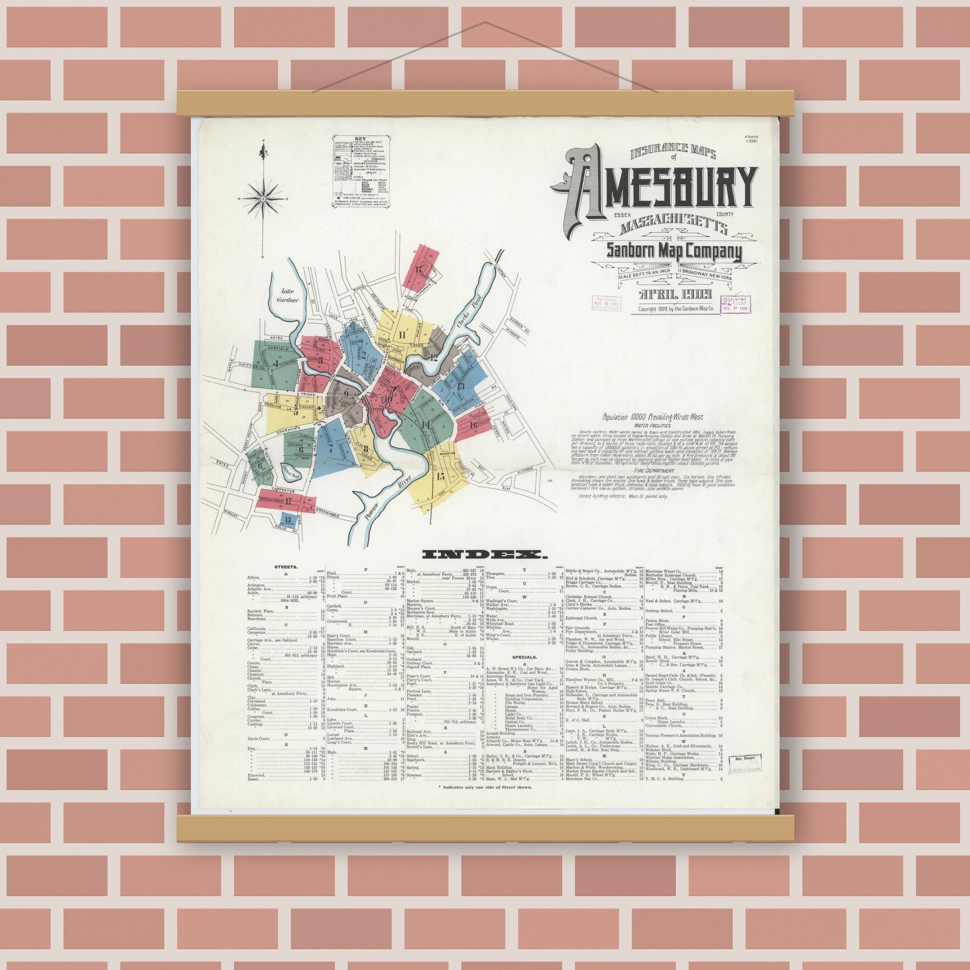 Old map wall art mockup — magnetic wood frame on brick wall — Sanborn Fire Insurance Map from Amesbury, Essex County, Massachusetts (1909), Sheet #0001