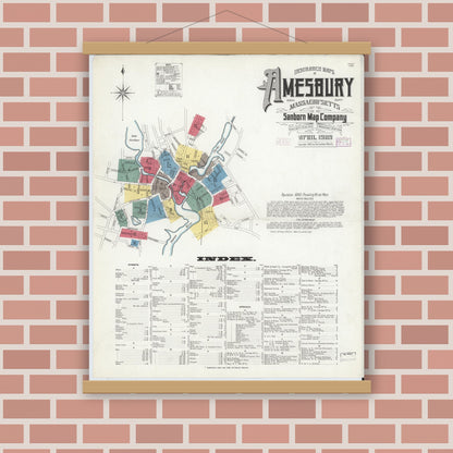 Old map wall art mockup — magnetic wood frame on brick wall — Sanborn Fire Insurance Map from Amesbury, Essex County, Massachusetts (1909), Sheet #0001