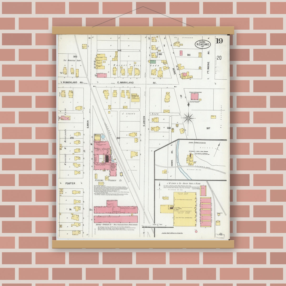 Old map wall art mockup — magnetic wood frame on brick wall — Sanborn Fire Insurance Map from Kokomo, Howard County, Indiana (1902), Sheet #0019