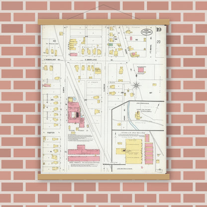 Old map wall art mockup — magnetic wood frame on brick wall — Sanborn Fire Insurance Map from Kokomo, Howard County, Indiana (1902), Sheet #0019