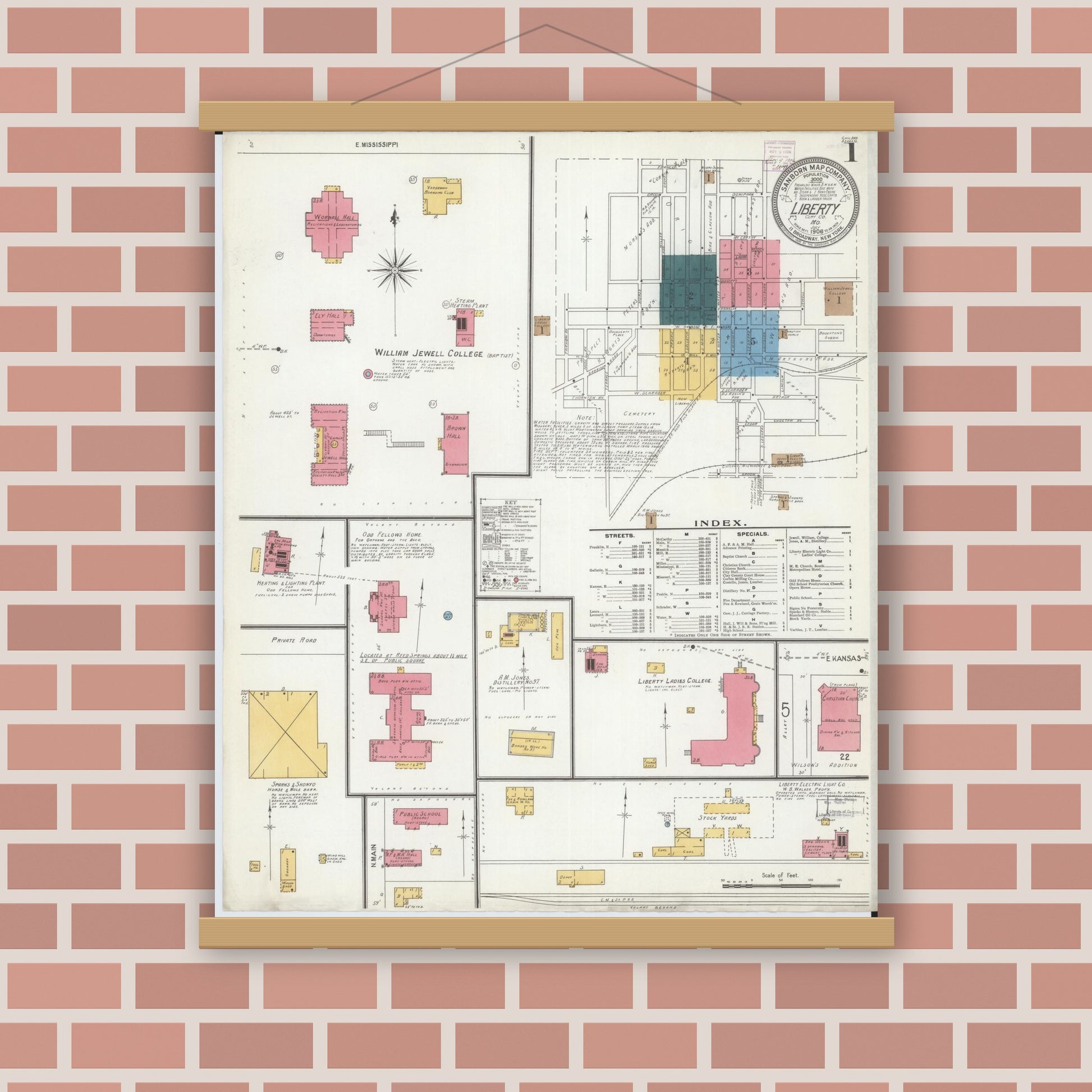 Old map wall art mockup — magnetic wood frame on brick wall — Sanborn Fire Insurance Map from Liberty, Clay County, Missouri (1906) - Complete Map Set