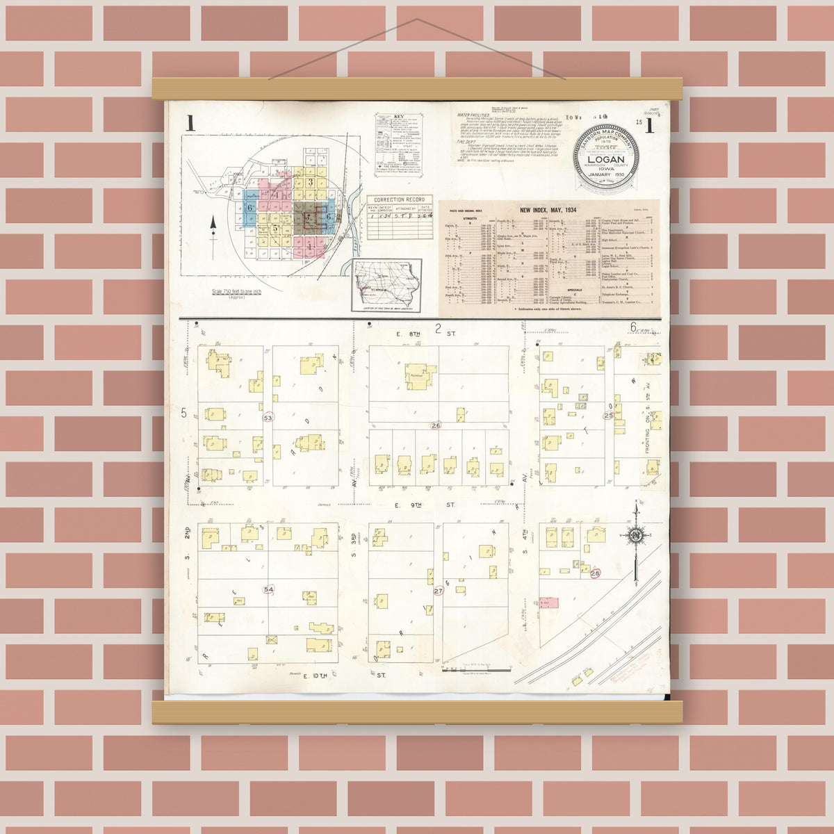 Old map wall art mockup — magnetic wood frame on brick wall — Sanborn Fire Insurance Map from Logan, Harrison County, Iowa (1934) â€” Complete Set