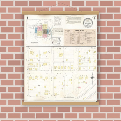 Old map wall art mockup — magnetic wood frame on brick wall — Sanborn Fire Insurance Map from Logan, Harrison County, Iowa (1934) â€” Complete Set