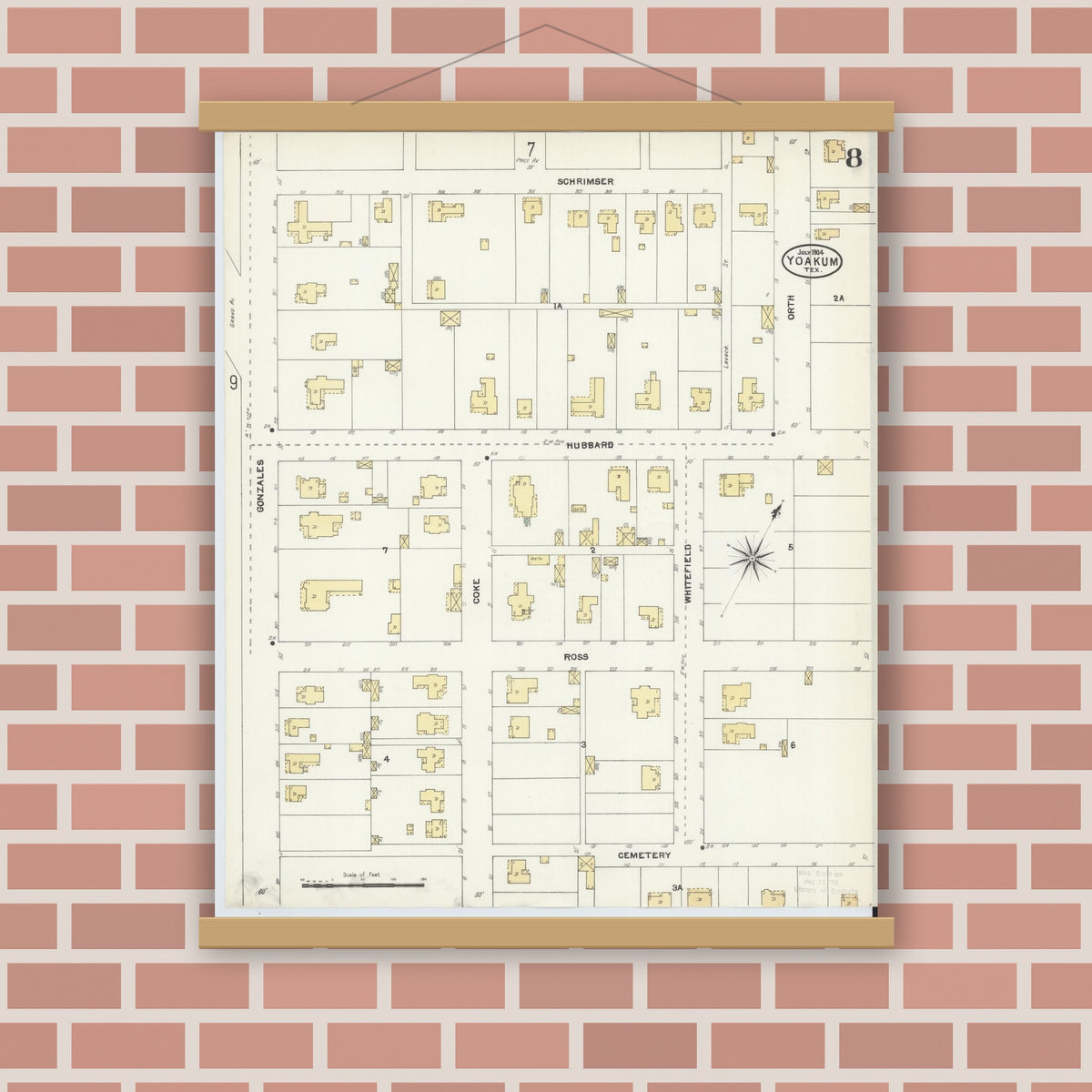 Old map wall art mockup — magnetic wood frame on brick wall — Sanborn Fire Insurance Map from Yoakum, De Witt And Lavaca Counties, Texas (1904), Sheet #0008