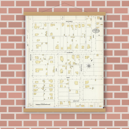 Old map wall art mockup — magnetic wood frame on brick wall — Sanborn Fire Insurance Map from Yoakum, De Witt And Lavaca Counties, Texas (1904), Sheet #0008