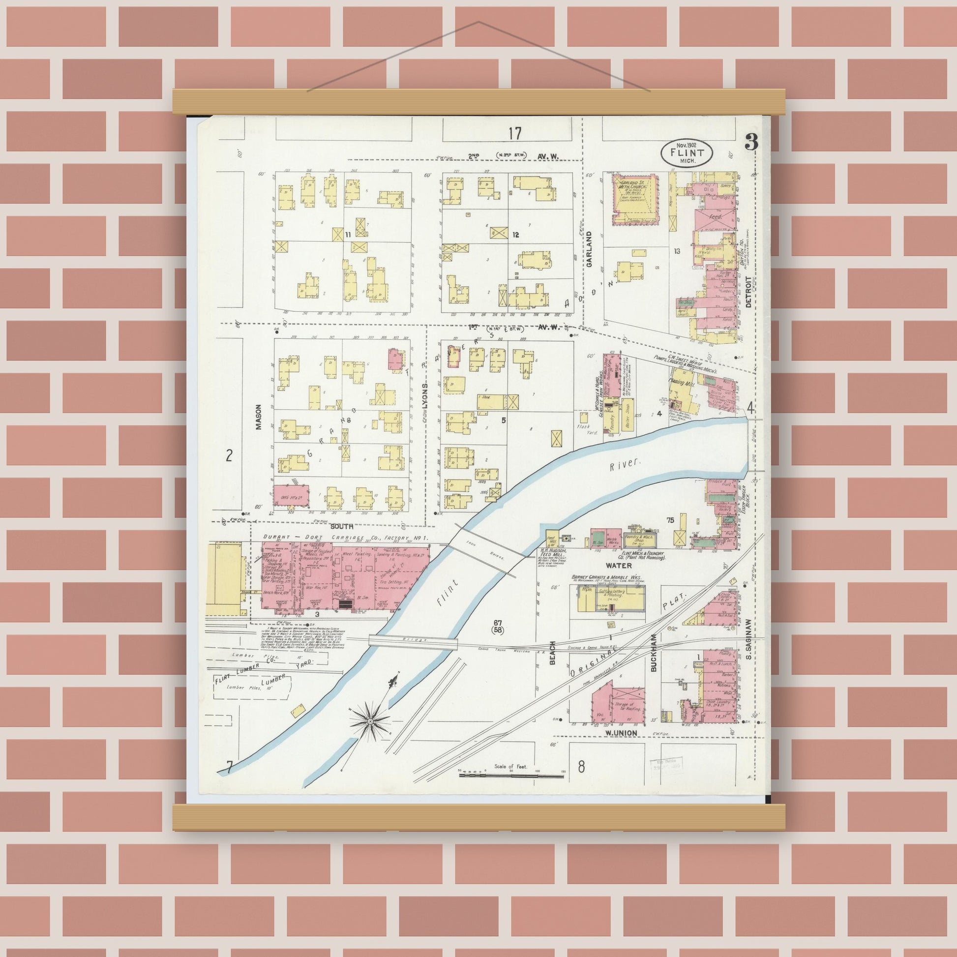 Old map wall art mockup — magnetic wood frame on brick wall — Sanborn Fire Insurance Map from Flint, Genesee County, Michigan (1902), Sheet #0003
