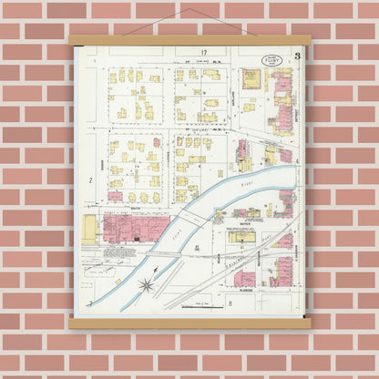 Old map wall art mockup — magnetic wood frame on brick wall — Sanborn Fire Insurance Map from Flint, Genesee County, Michigan (1902), Sheet #0003