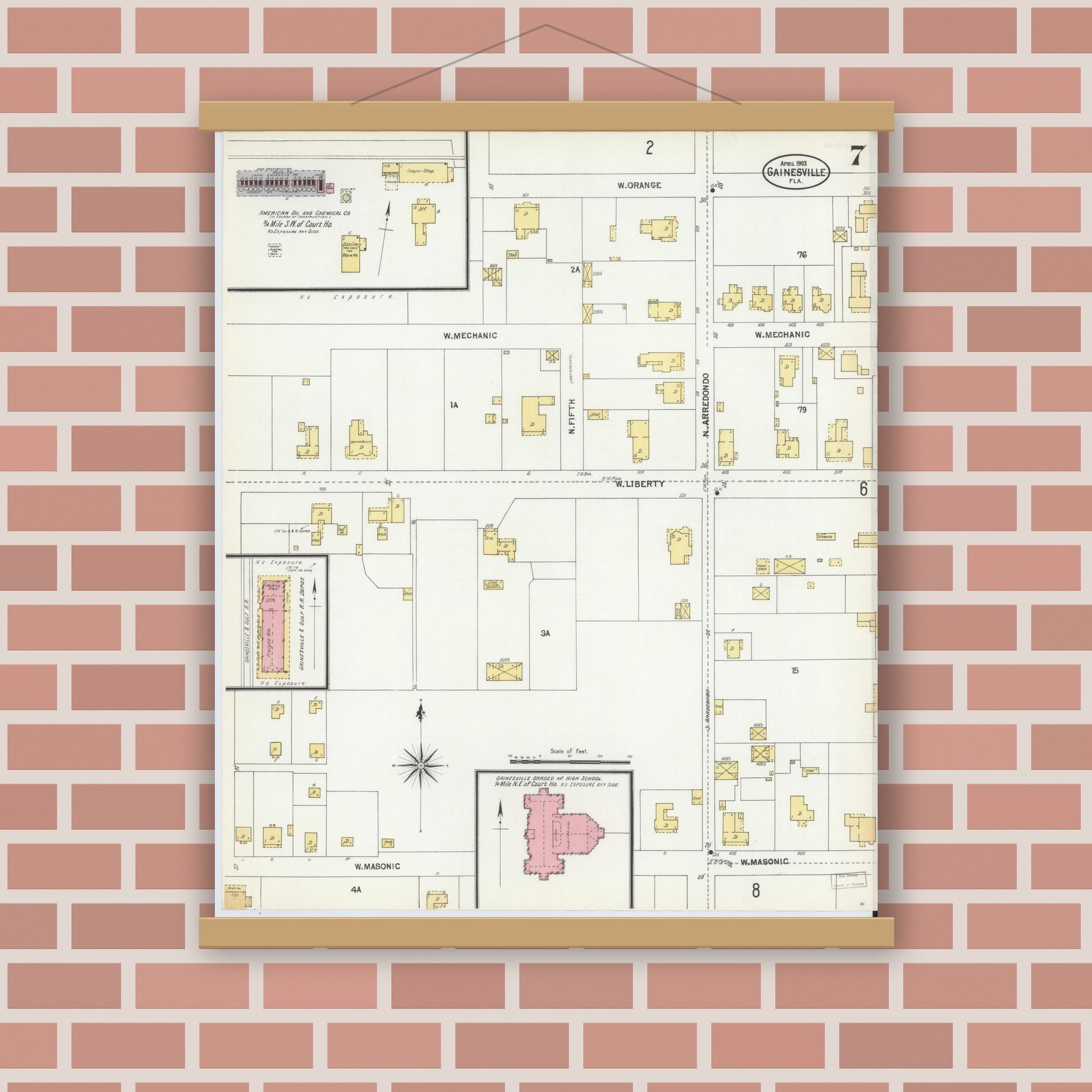 Old map wall art mockup — magnetic wood frame on brick wall — Sanborn Fire Insurance Map from Gainesville, Alachua County, Florida (1903), Sheet #0007