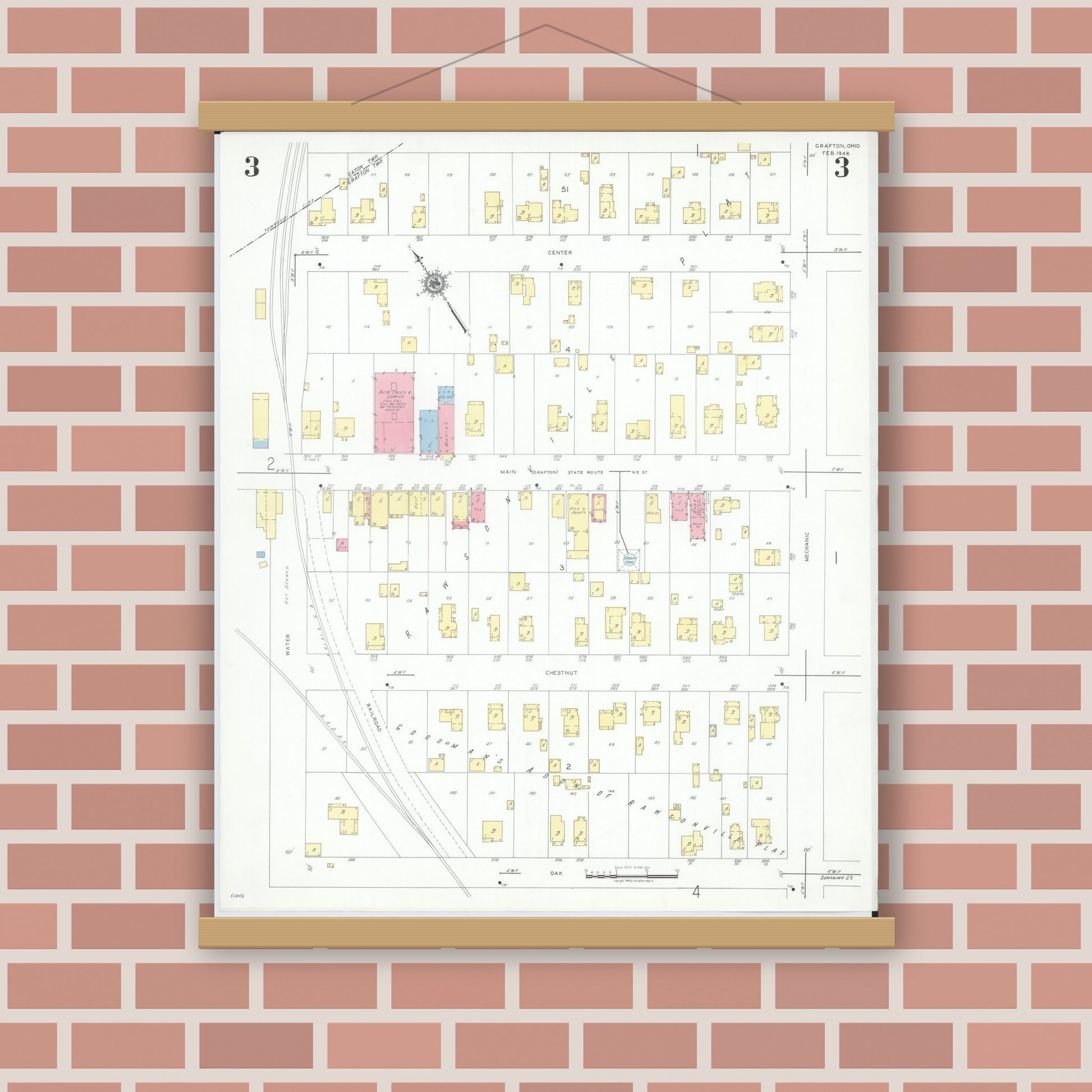 Old map wall art mockup — magnetic wood frame on brick wall — Sanborn Fire Insurance Map from Grafton, Lorain County, Ohio (1946), Sheet #0003
