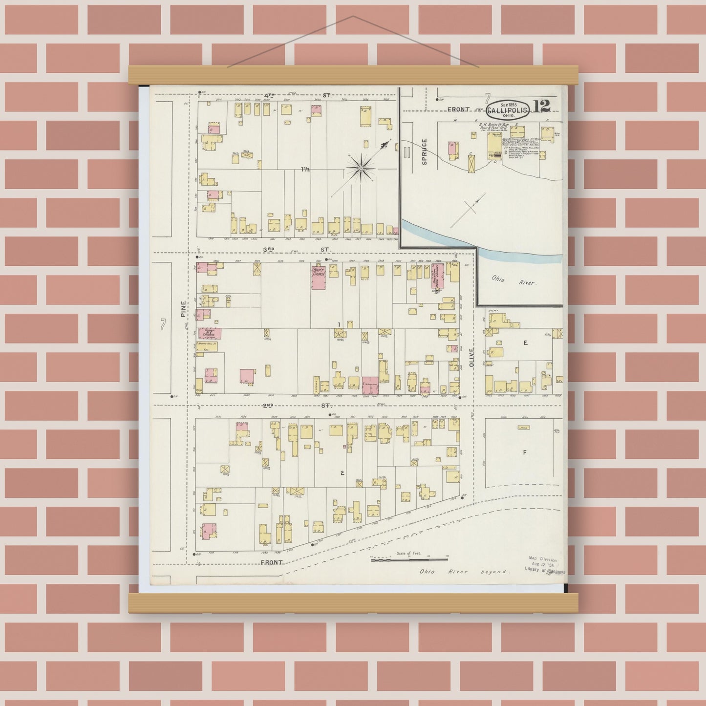 Old map wall art mockup — magnetic wood frame on brick wall — Sanborn Fire Insurance Map from Gallipolis, Gallia County, Ohio (1895), Sheet #0012