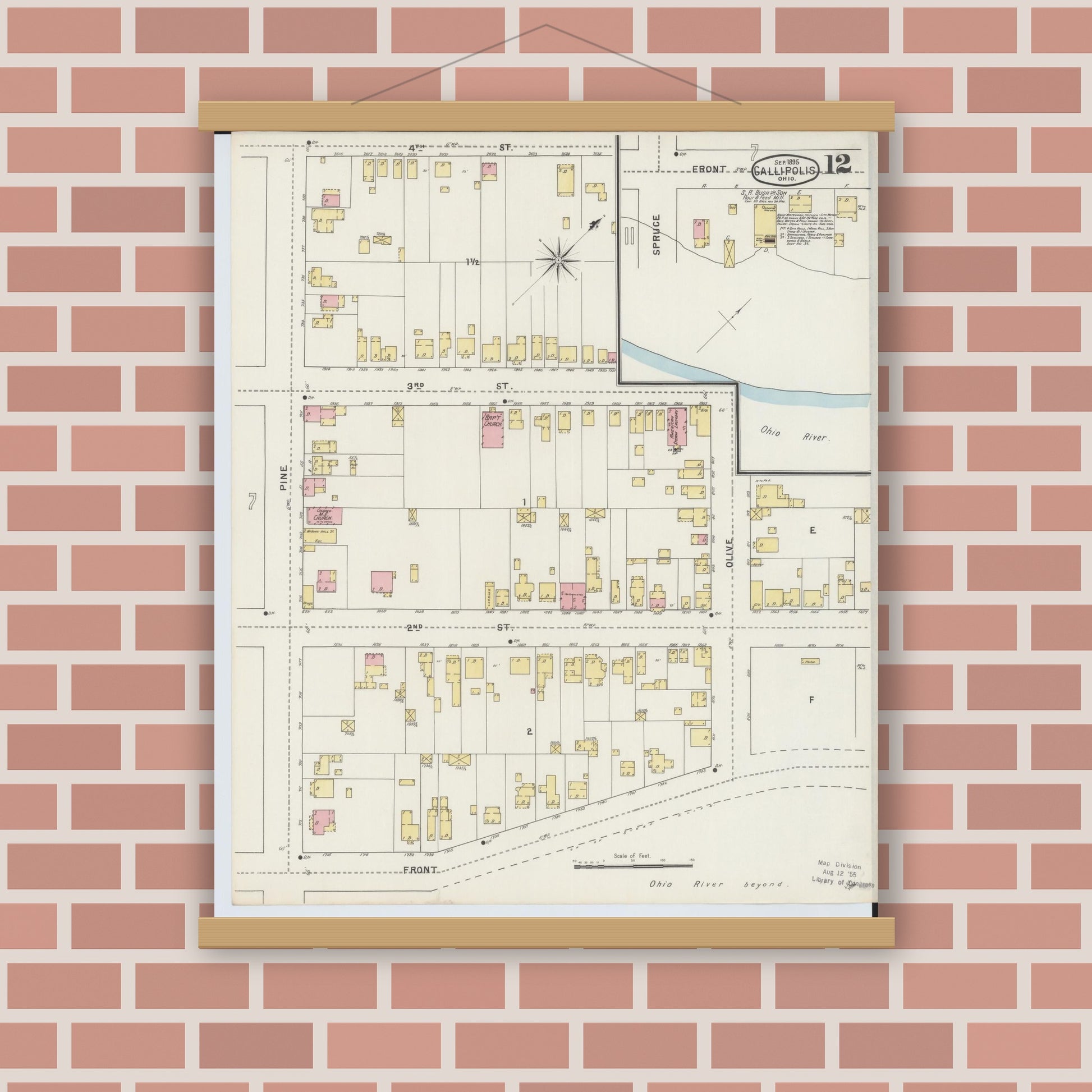 Old map wall art mockup — magnetic wood frame on brick wall — Sanborn Fire Insurance Map from Gallipolis, Gallia County, Ohio (1895), Sheet #0012