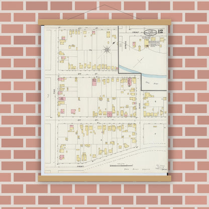 Old map wall art mockup — magnetic wood frame on brick wall — Sanborn Fire Insurance Map from Gallipolis, Gallia County, Ohio (1895), Sheet #0012