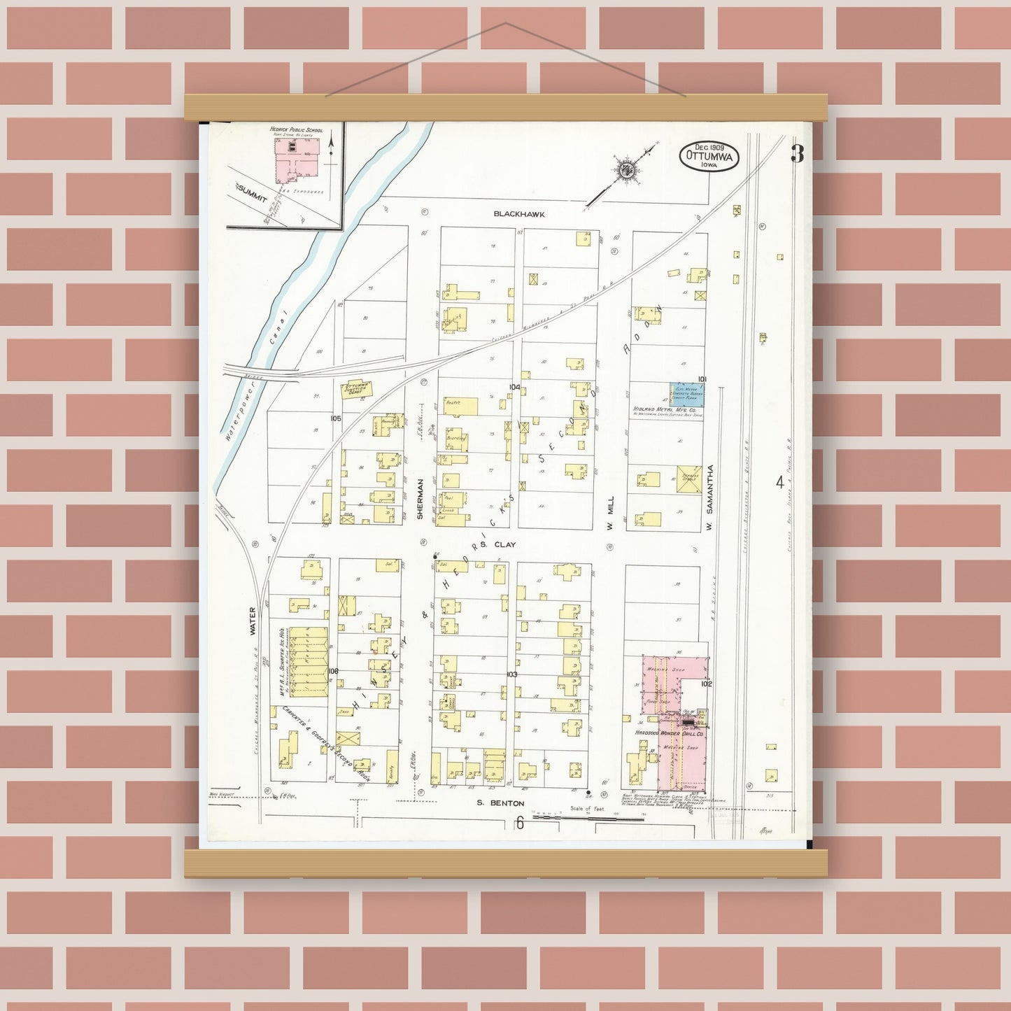 Old map wall art mockup — magnetic wood frame on brick wall — Sanborn Fire Insurance Map from Ottumwa, Wapello County, Iowa (1909), Sheet #0003